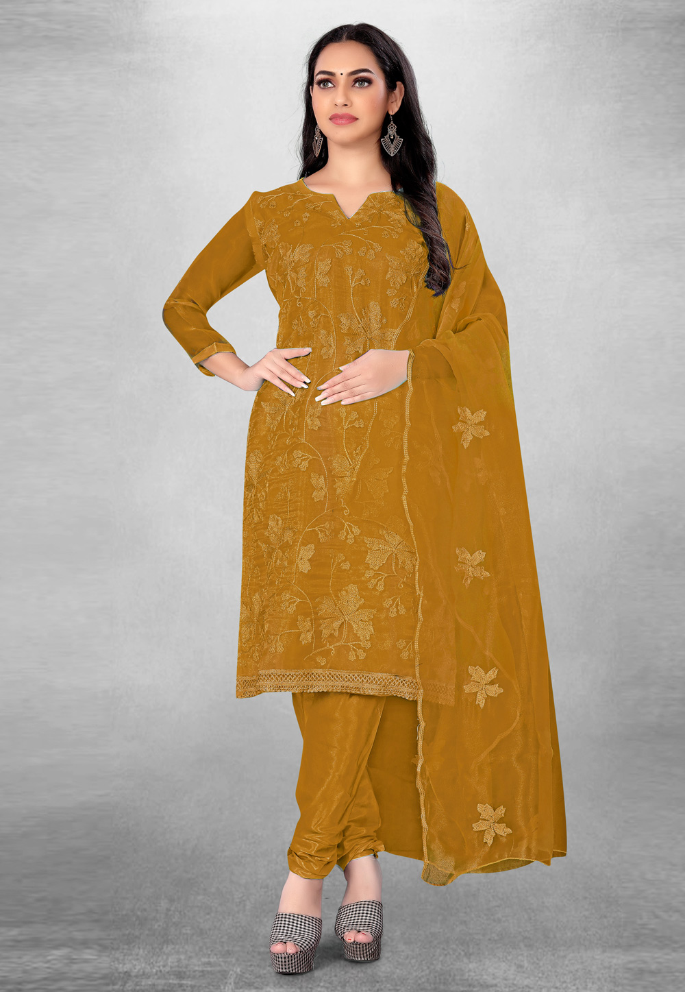 Mustard Organza Churidar Suit 279282