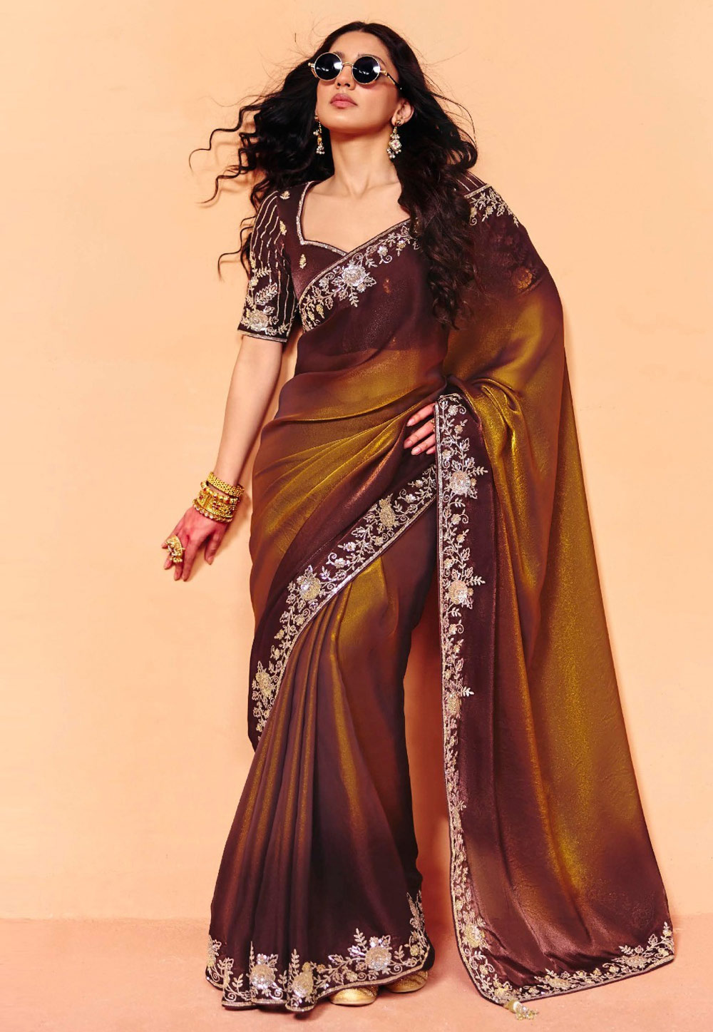 Mustard Organza Half N Half Saree 326065
