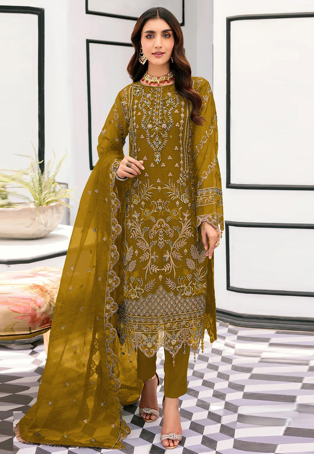 Mustard Organza Pant Style Suit 327272