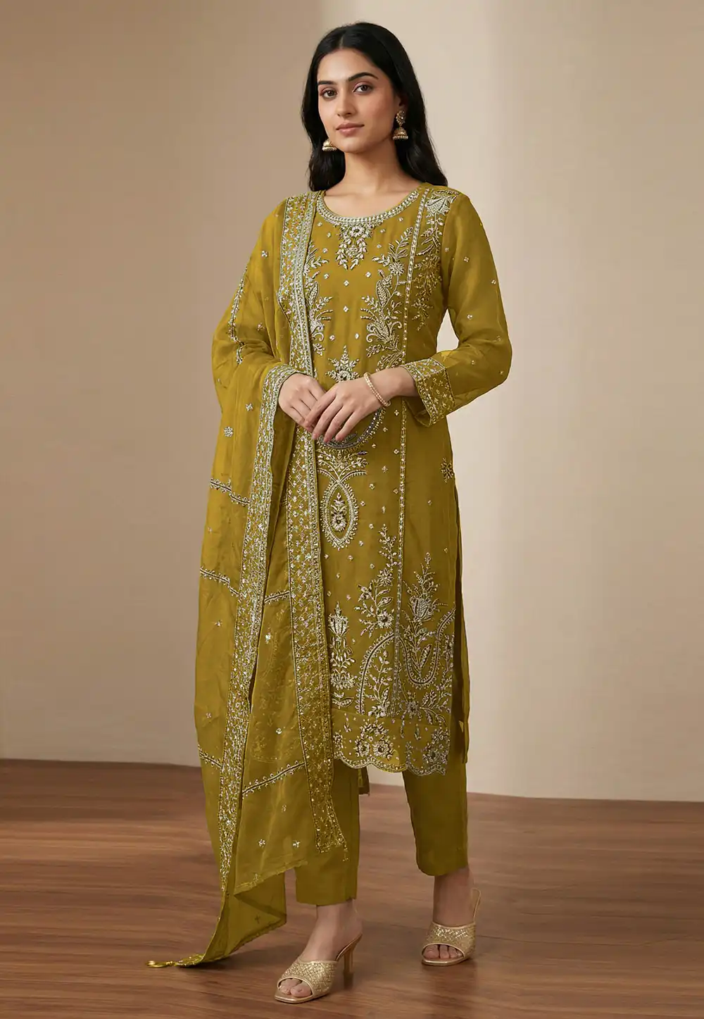 Mustard Organza Pant Style Suit 329161