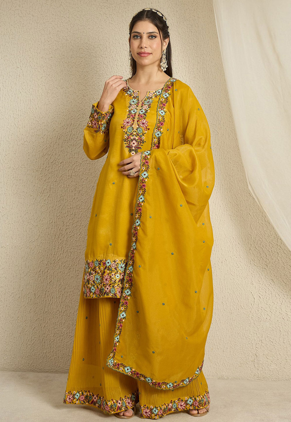 Mustard Organza Readymade Pakistani Suit 327413