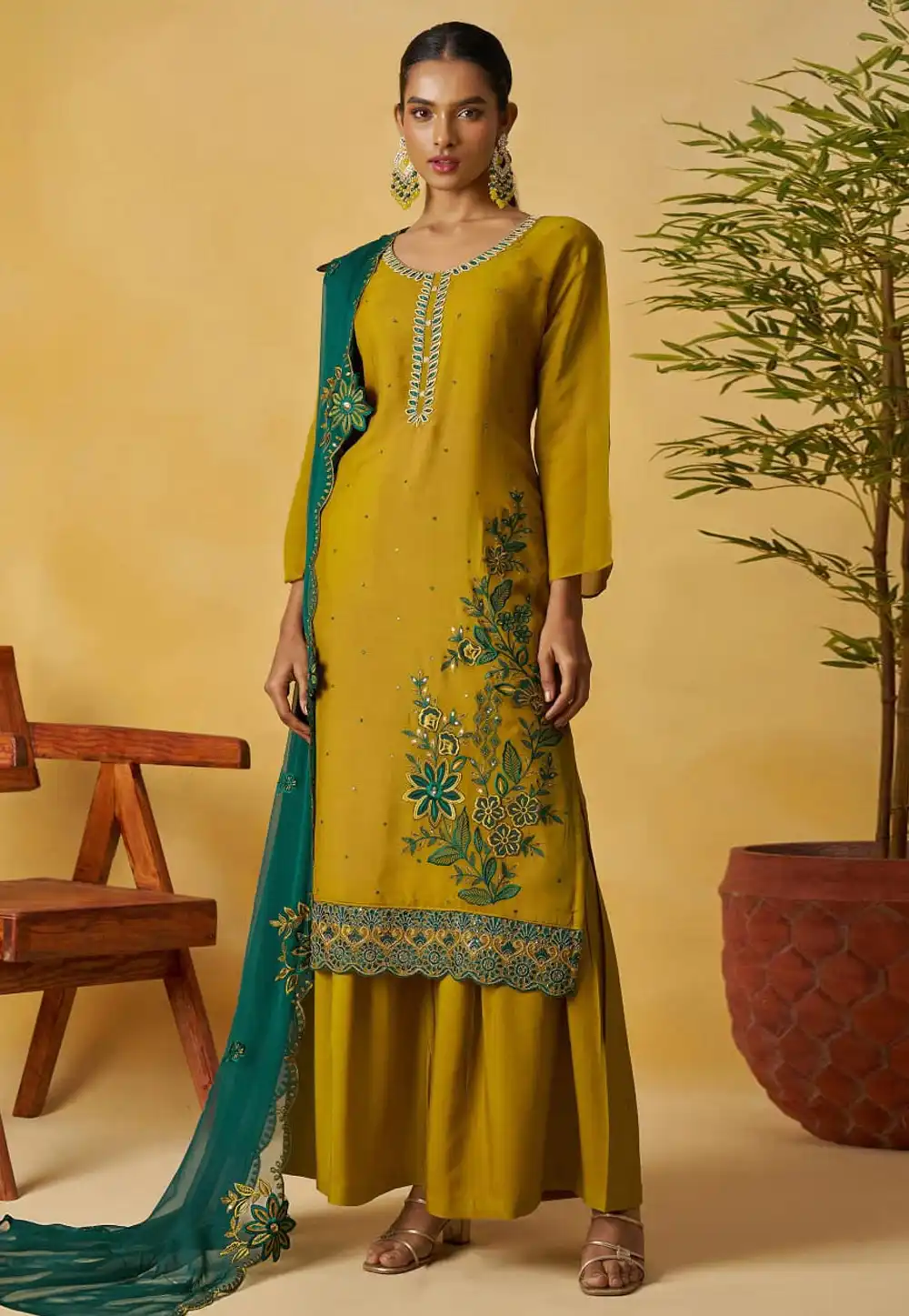 Mustard Organza Readymade Palazzo Suit 317194