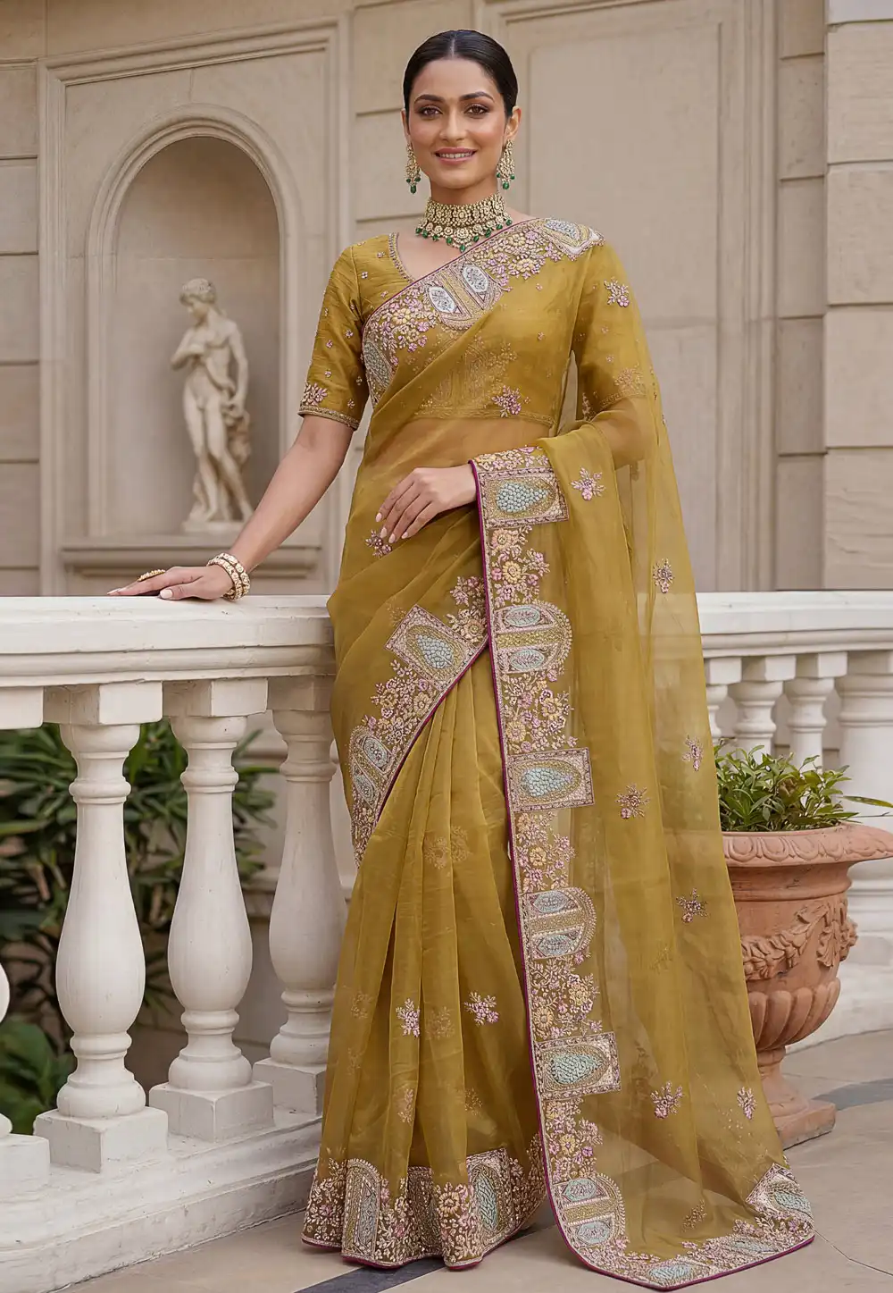 Mustard Organza Saree With Blouse 328844