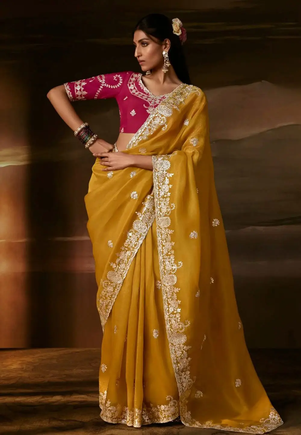 Mustard Organza Saree With Blouse 336353