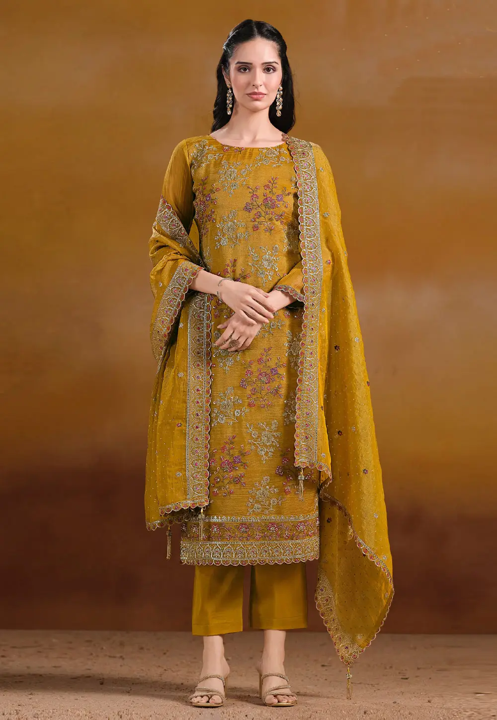 Mustard Organza Straight Suit 336768