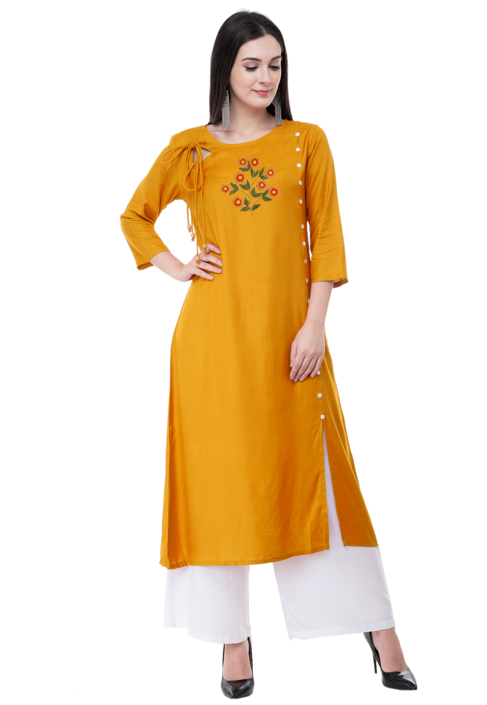 Mustard Rayon Kurta Set With Palazzo 306791