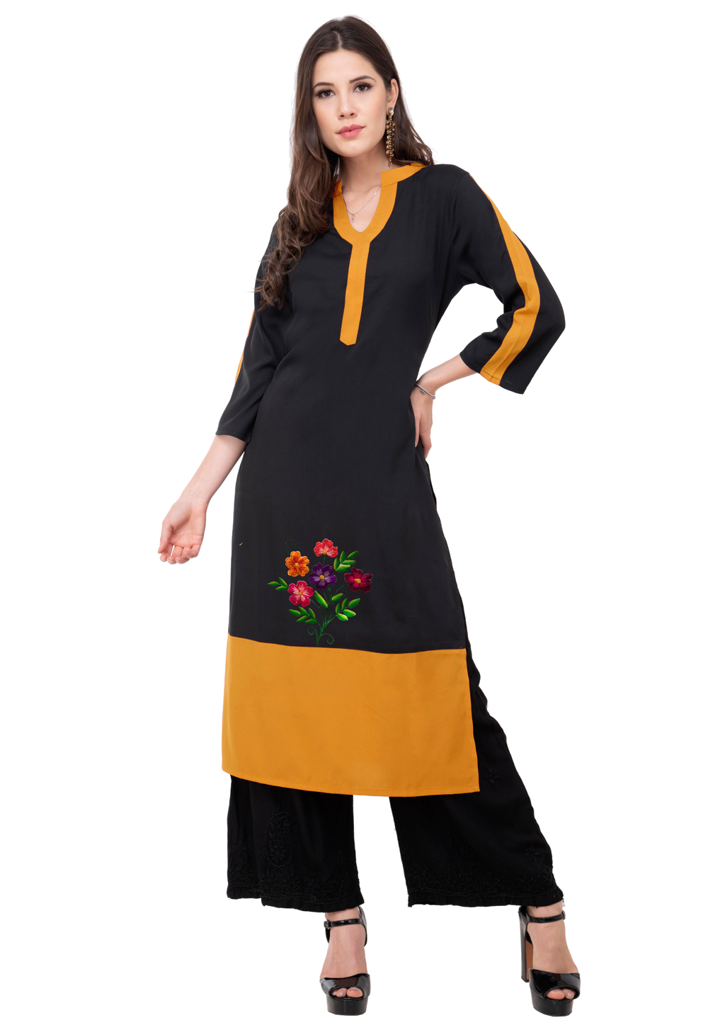 Mustard Rayon Kurta Set With Palazzo 306805