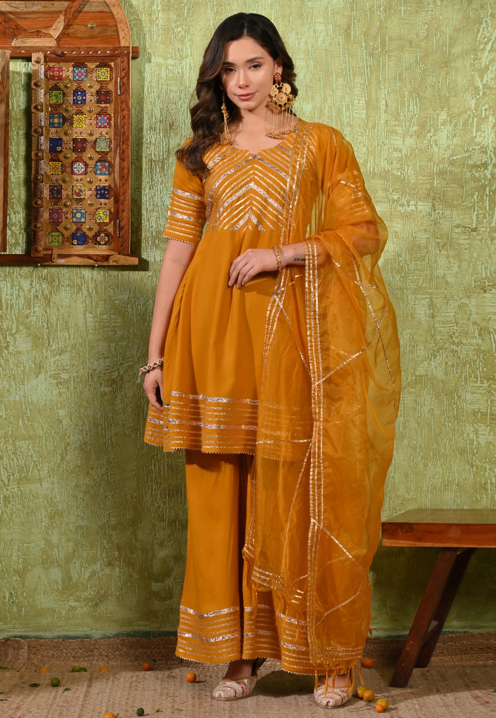 Mustard Rayon Readymade Palazzo Suit 326587