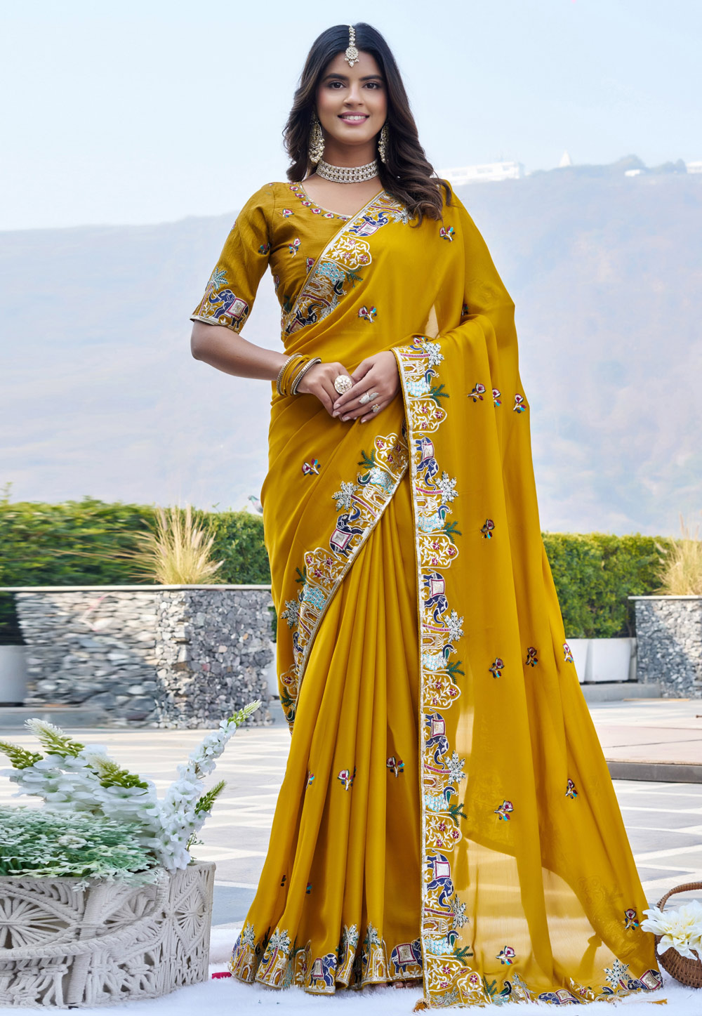 Mustard Satin Chiffon Saree With Blouse 325106