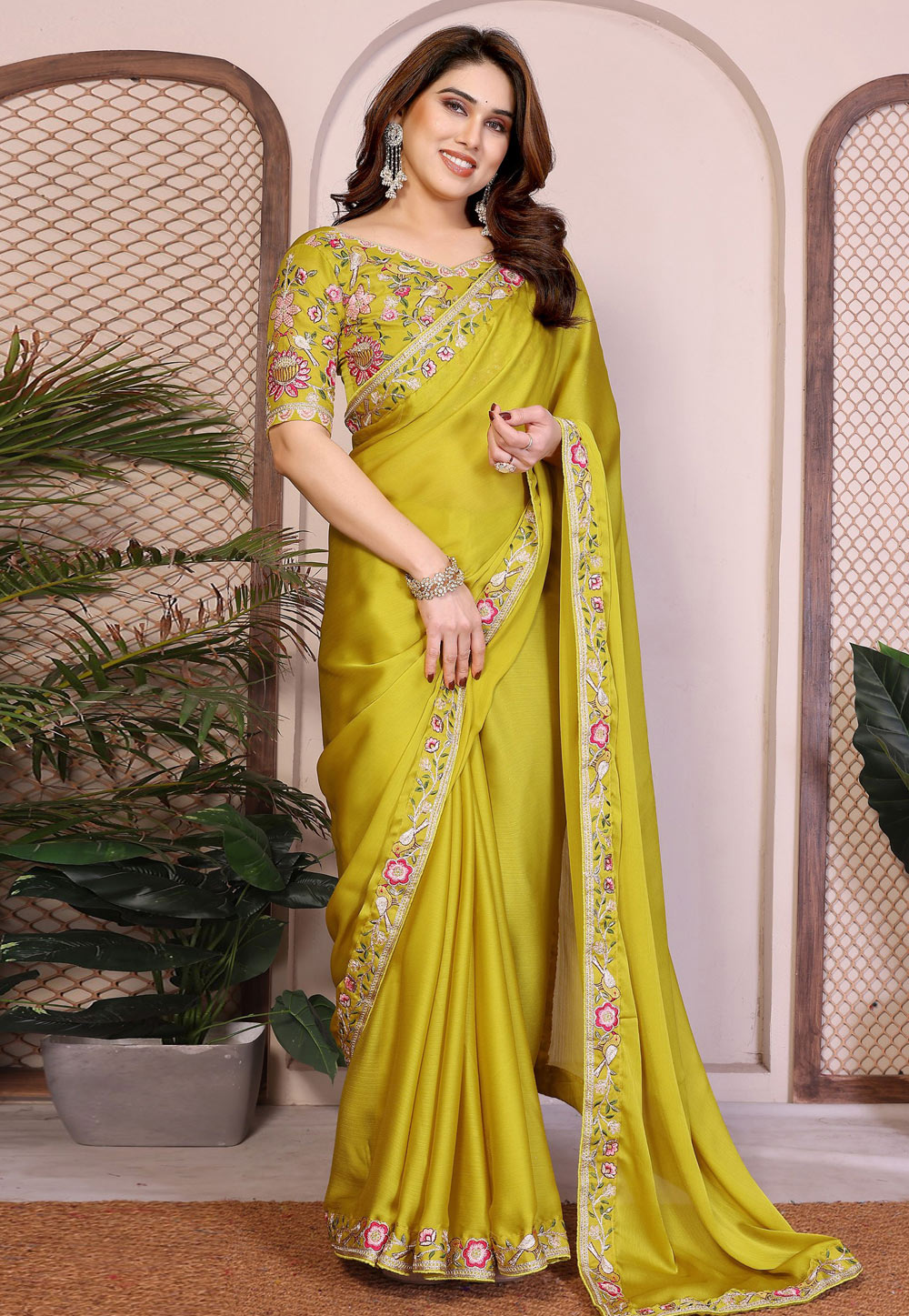 Mustard Satin Chiffon Saree With Blouse 325094