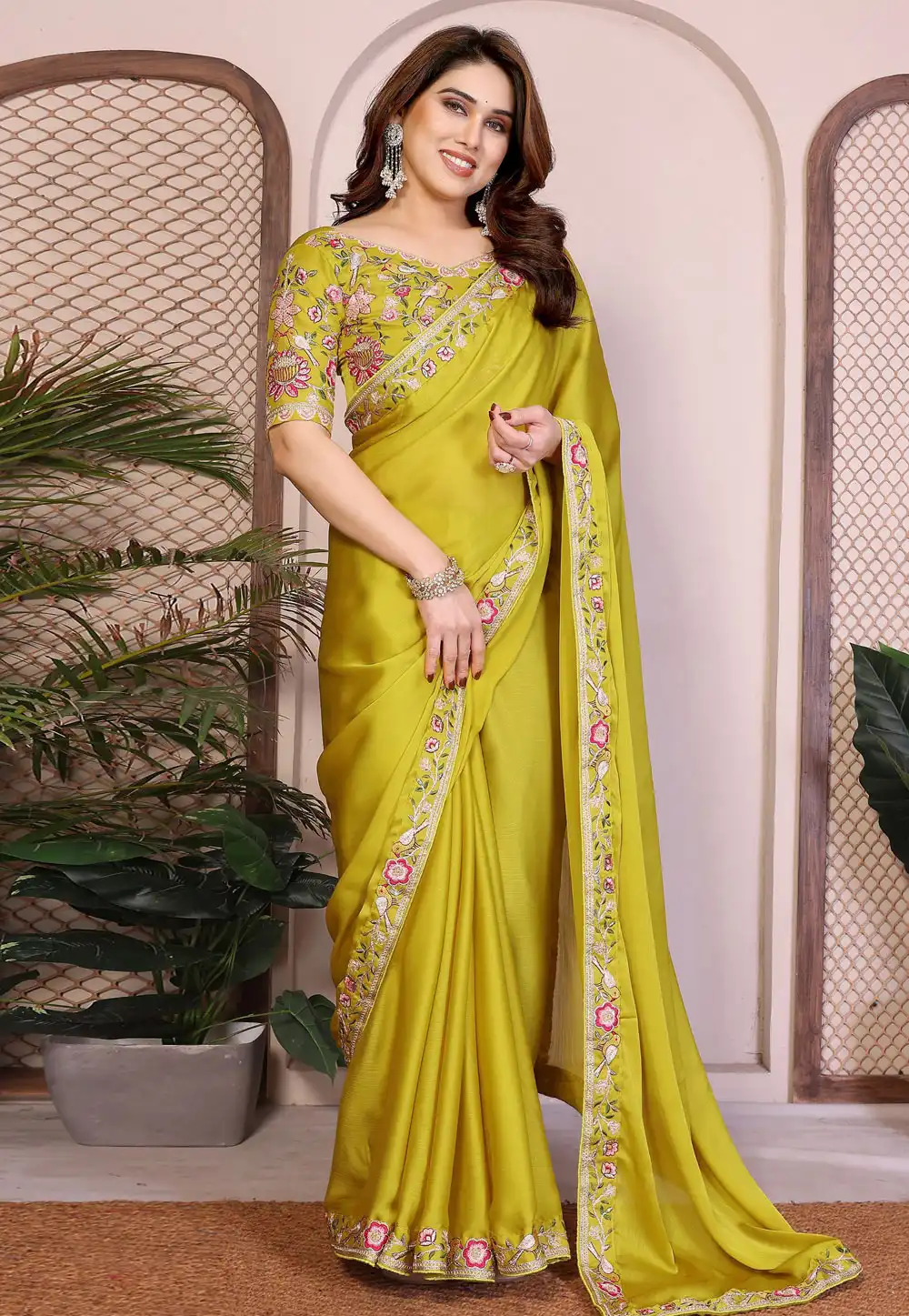 Mustard Satin Chiffon Saree With Blouse 325094