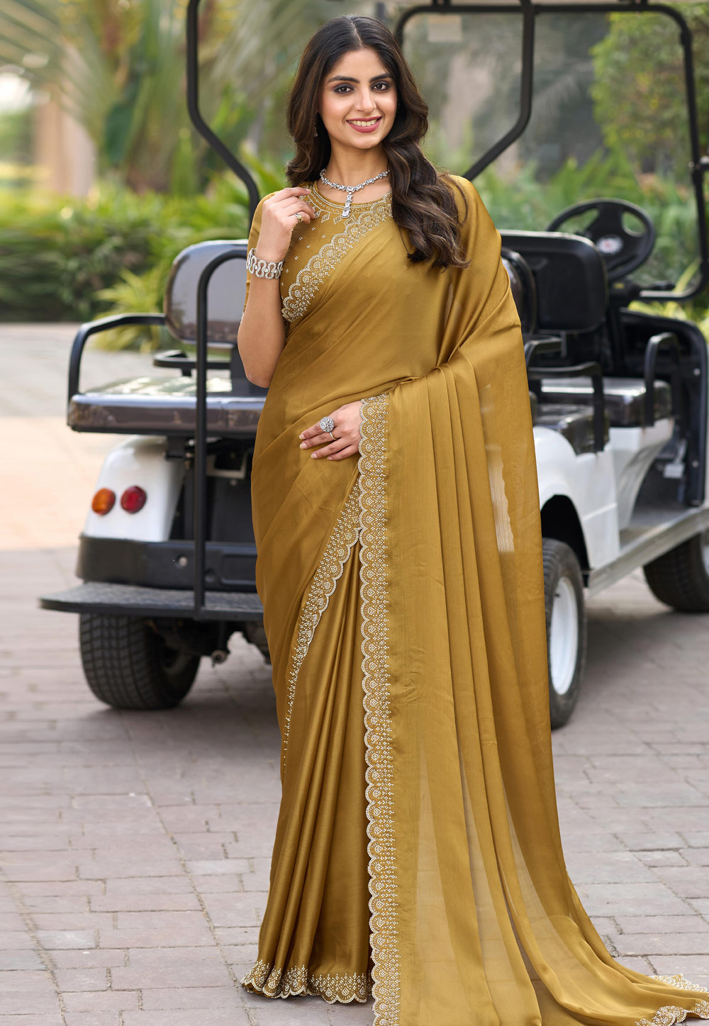 Mustard Satin Chiffon Saree With Blouse 306748
