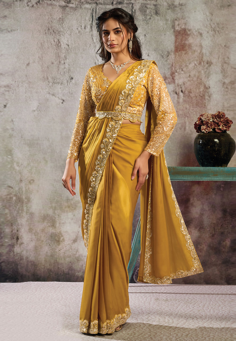 Mustard Satin Lehenga Saree 324405