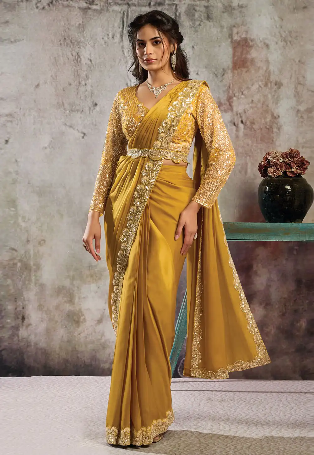 Mustard Satin Lehenga Saree 324405