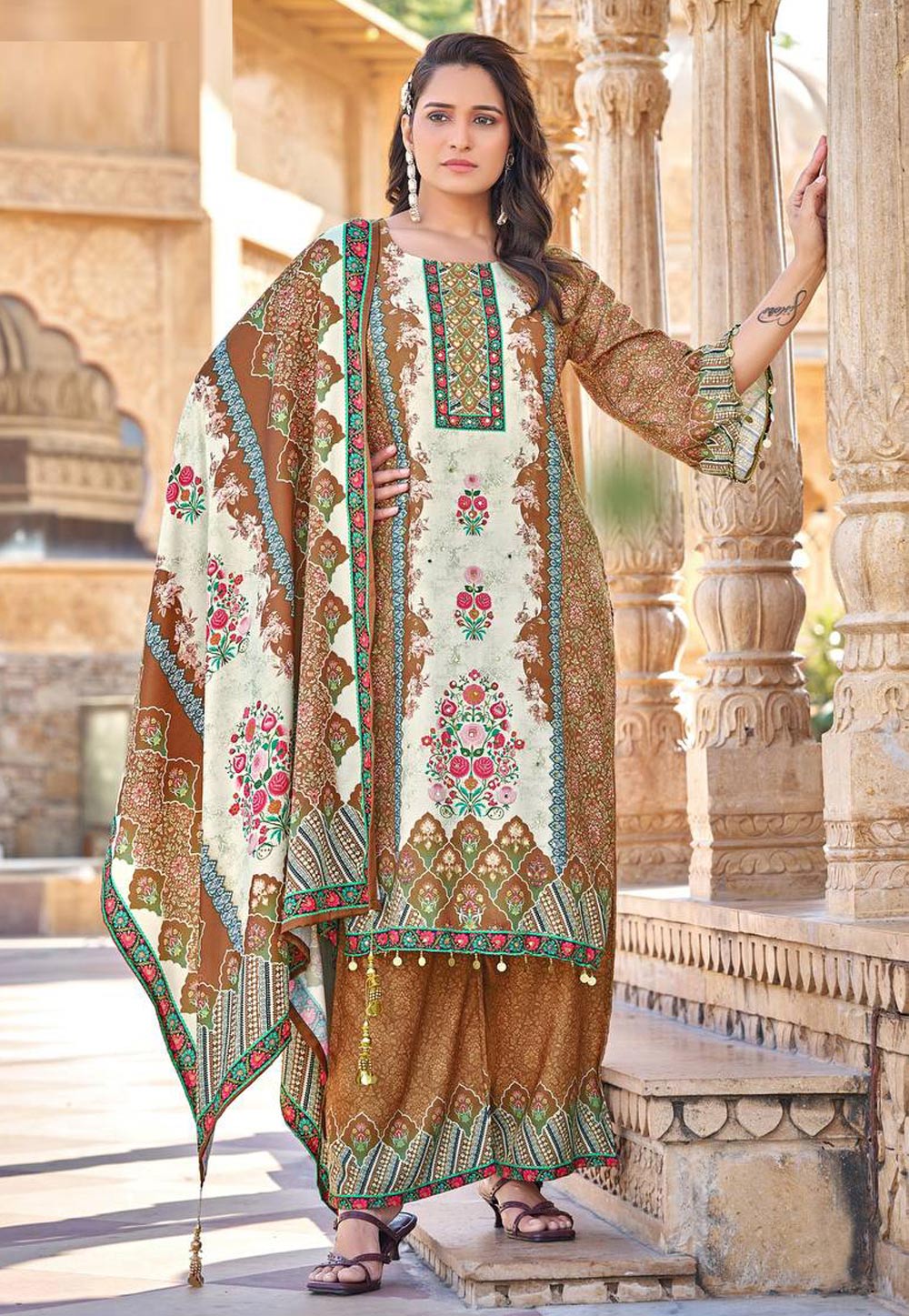 Mustard Satin Readymade Palazzo Suit 326567