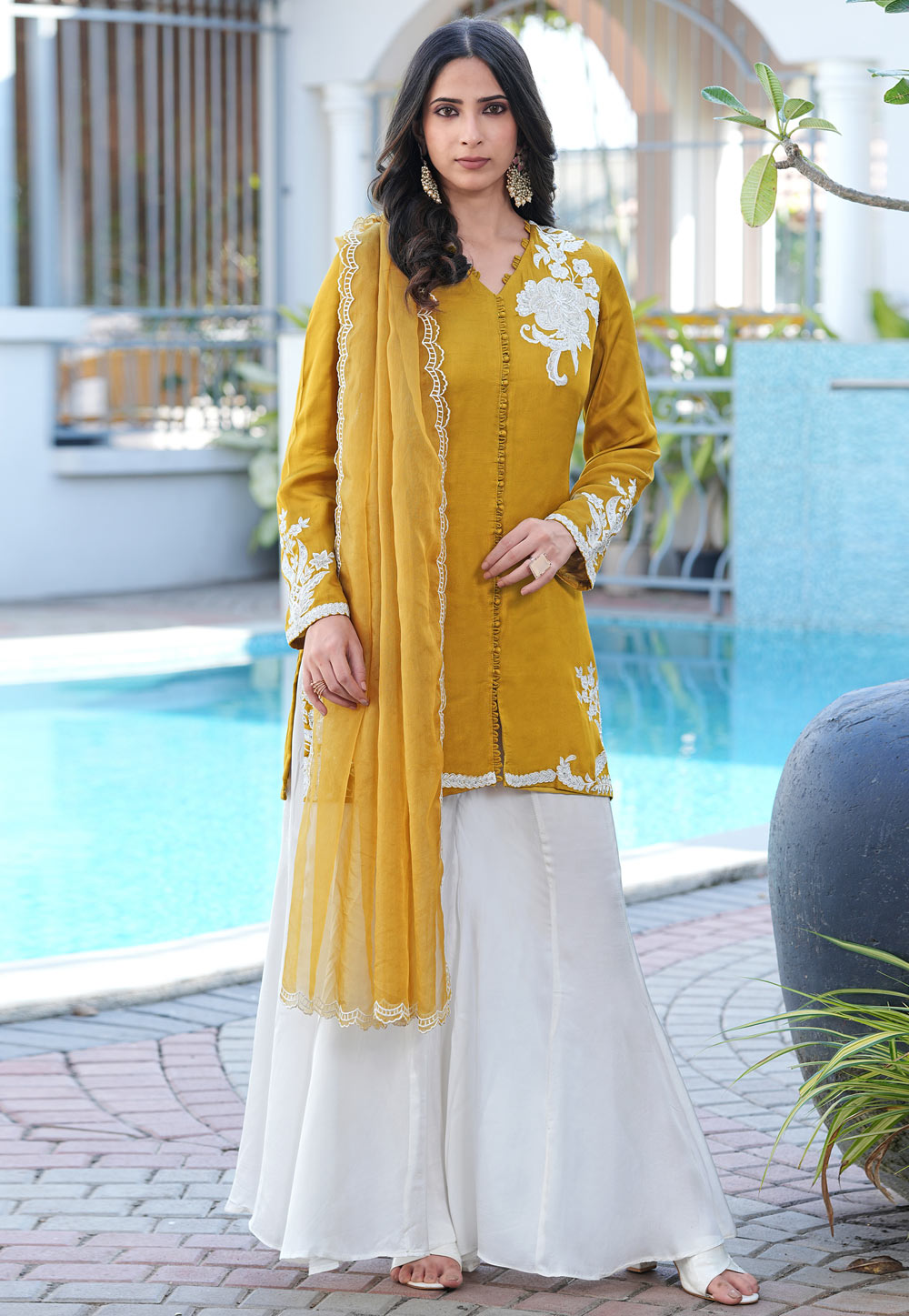 Mustard Satin Readymade Palazzo Suit 325060