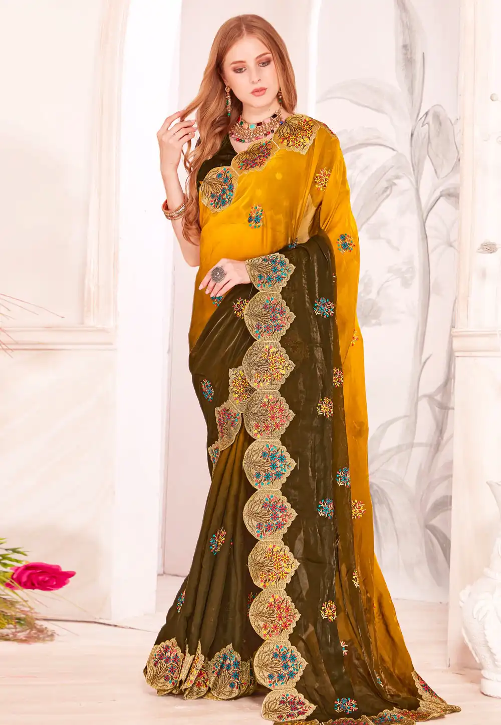 Mustard Satin Silk Half N Half Saree 315792