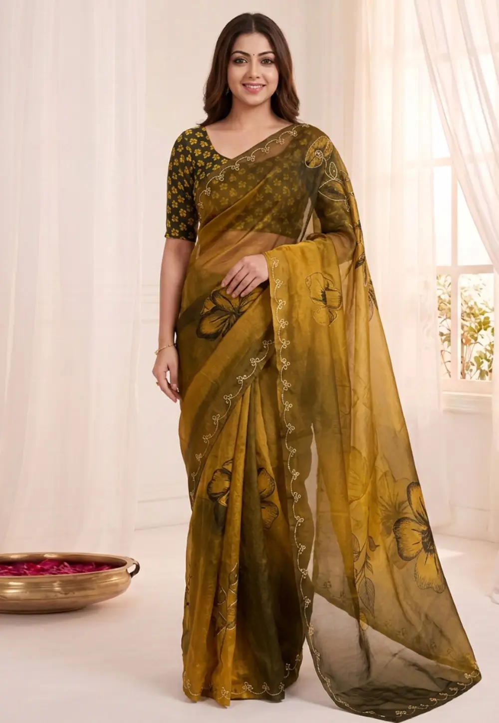 Mustard Satin Silk Saree With Blouse 336623