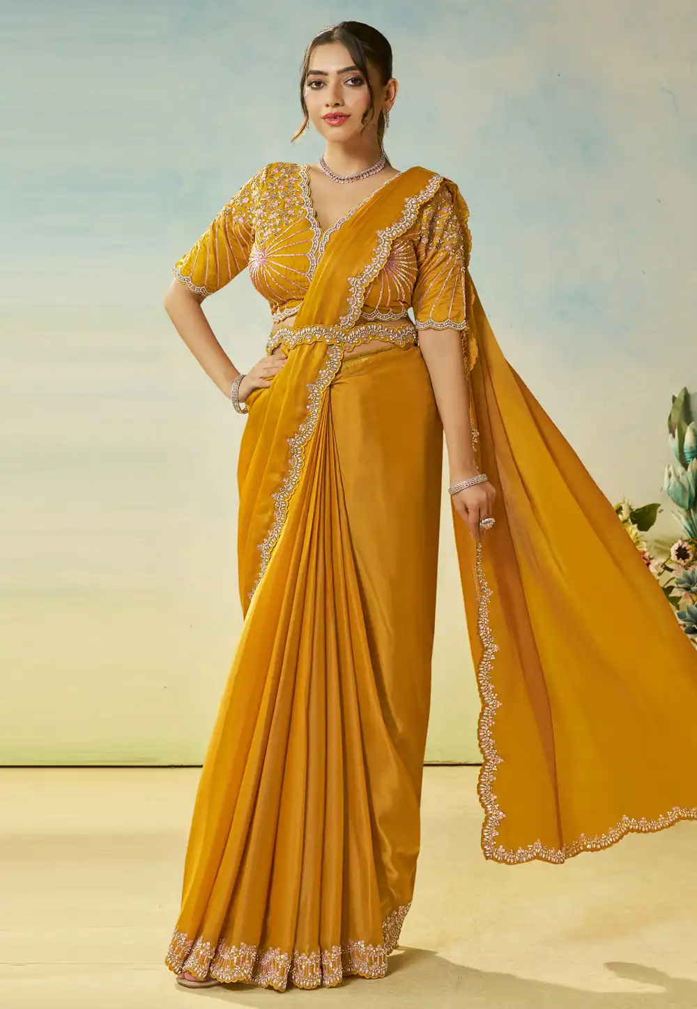 Mustard Satin Silk Saree With Blouse 317957