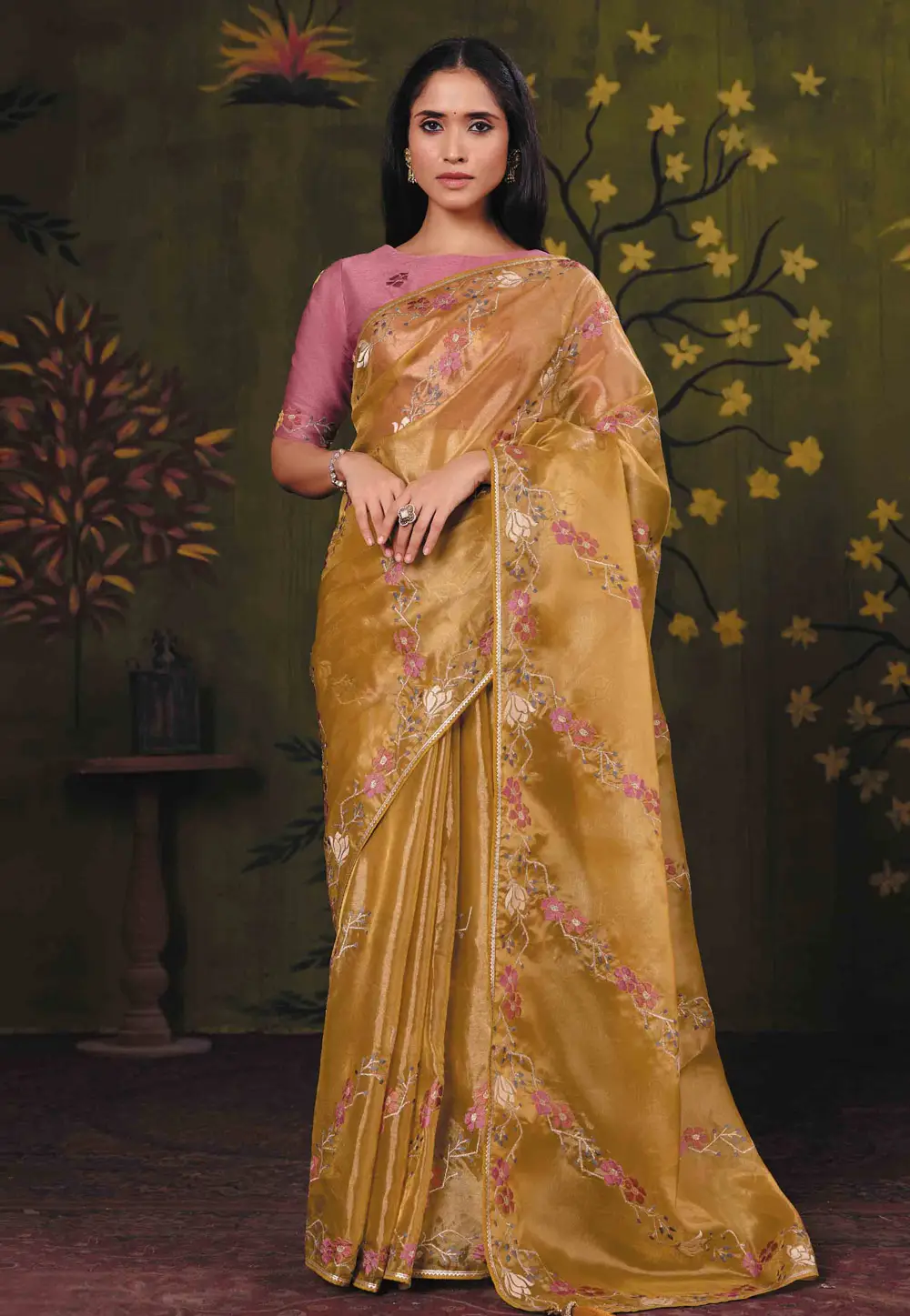Mustard Satin Silk Saree With Blouse 336246