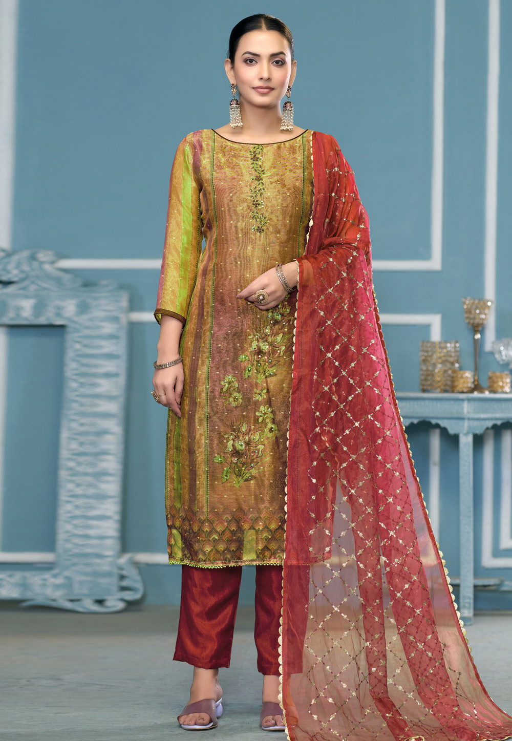 Mustard Shimmer Pant Style Suit 307268