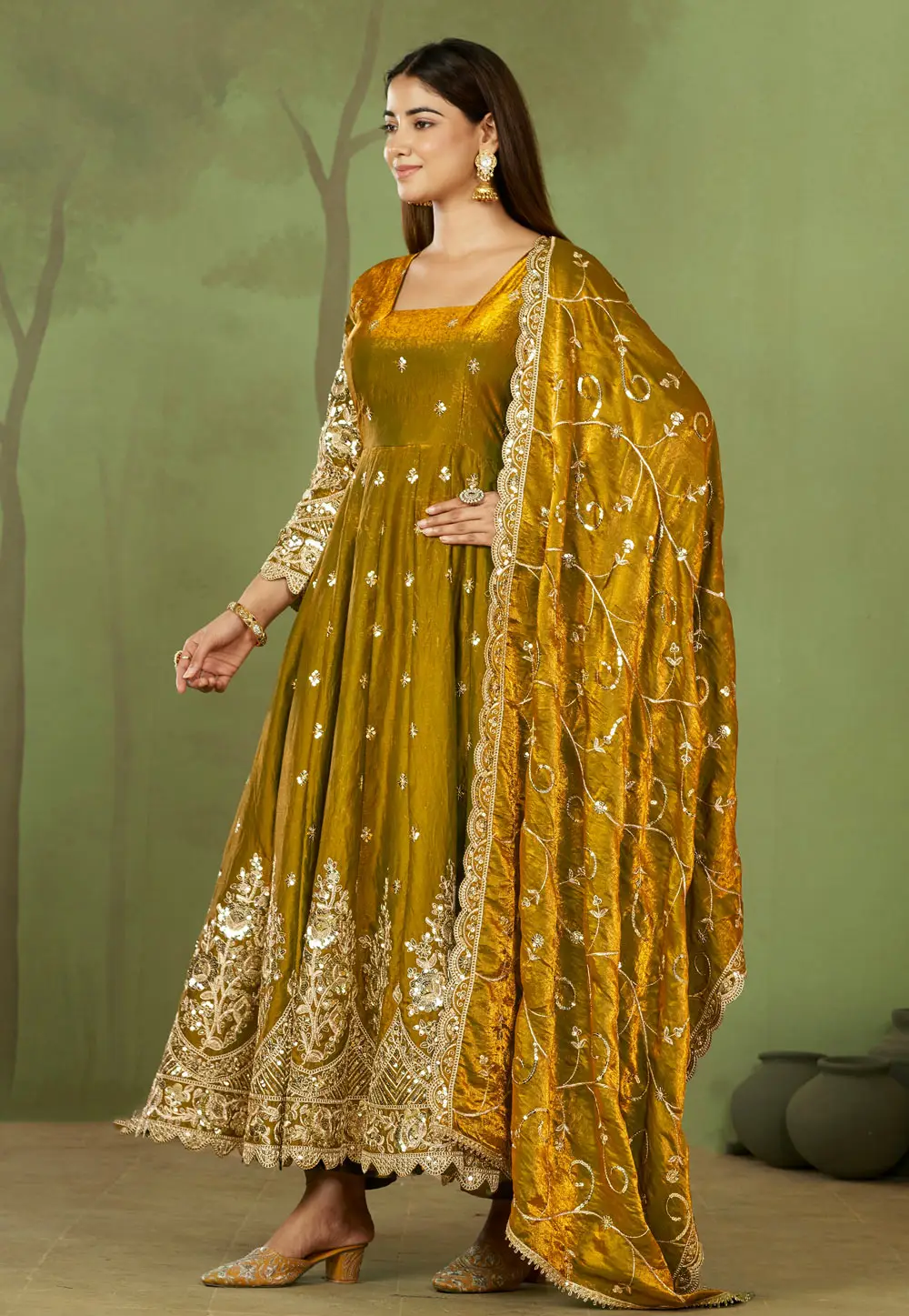 Mustard Shimmer Readymade Long Anarkali Suit 334833