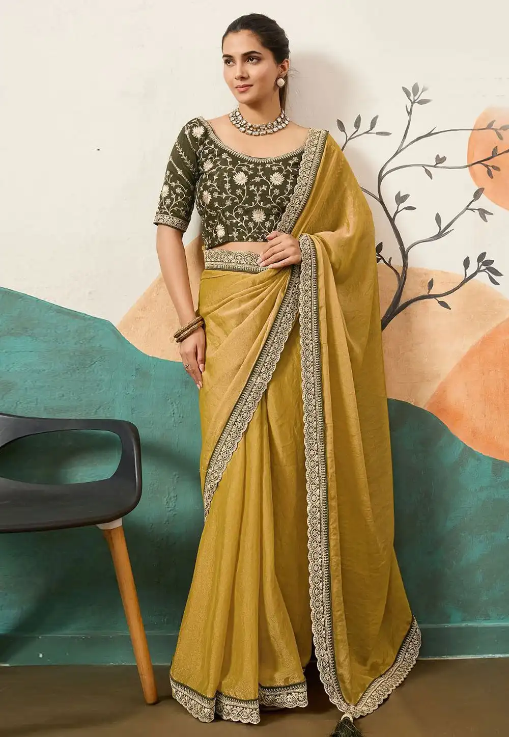 Mustard Silk Chiffon Saree With Blouse 318790