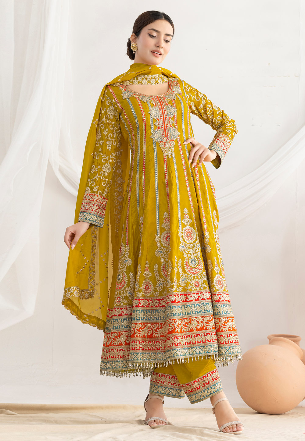 Mustard Silk Embroidered Pant Style Suit 320519