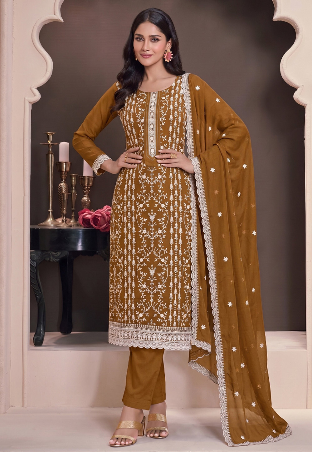 Mustard Silk Embroidered Pant Style Suit 329742