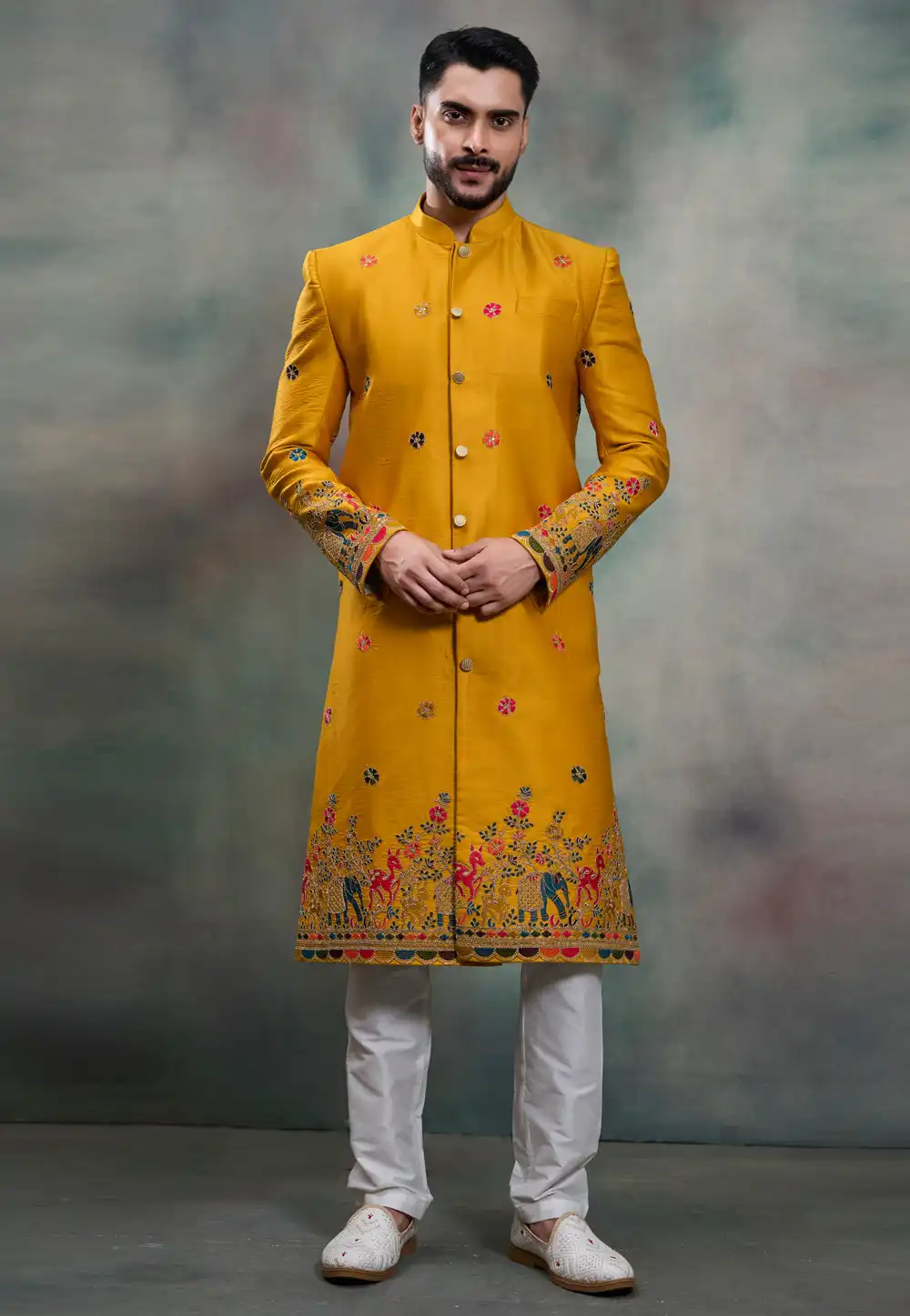 Mustard Silk Indo Western Suit 324105