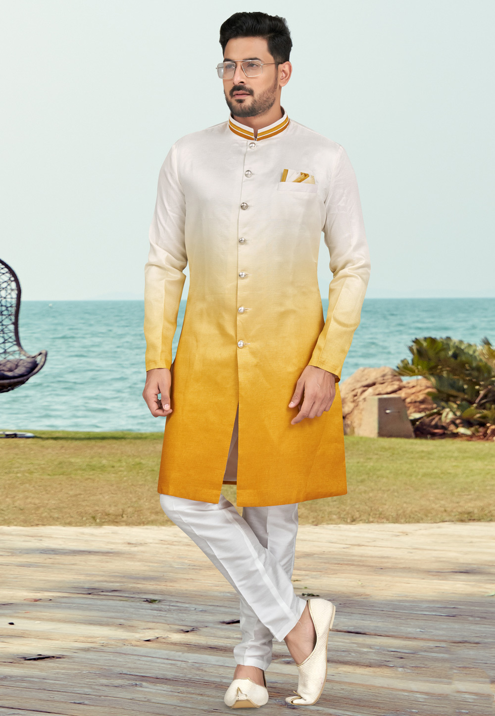 Mustard Silk Indo Western Suit 279740