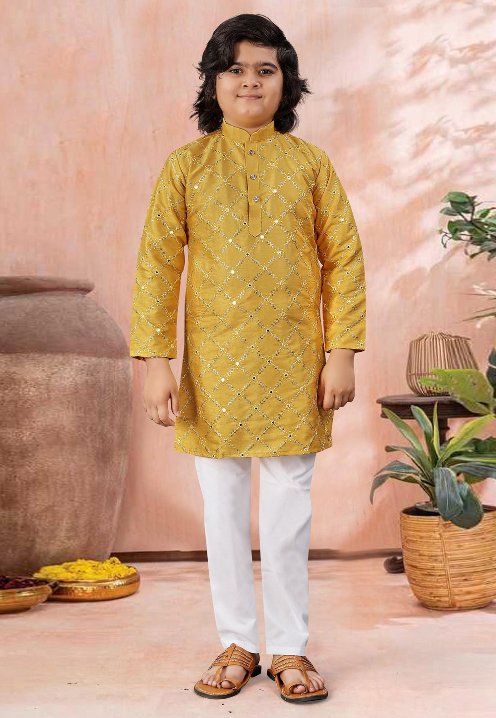 Mustard Silk Kids Kurta Pajama 315702