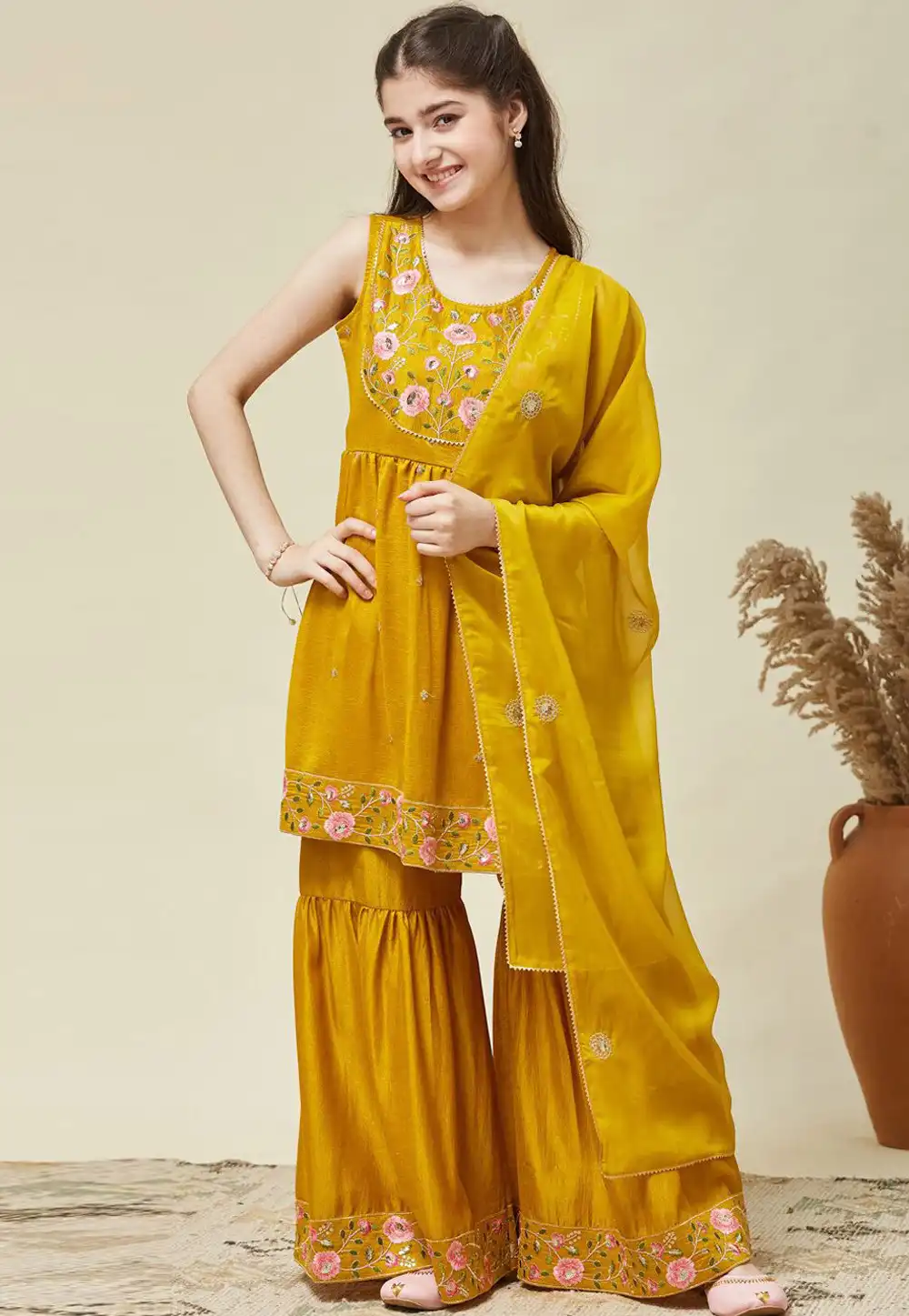 Mustard Silk Kids Sharara Suit 323614
