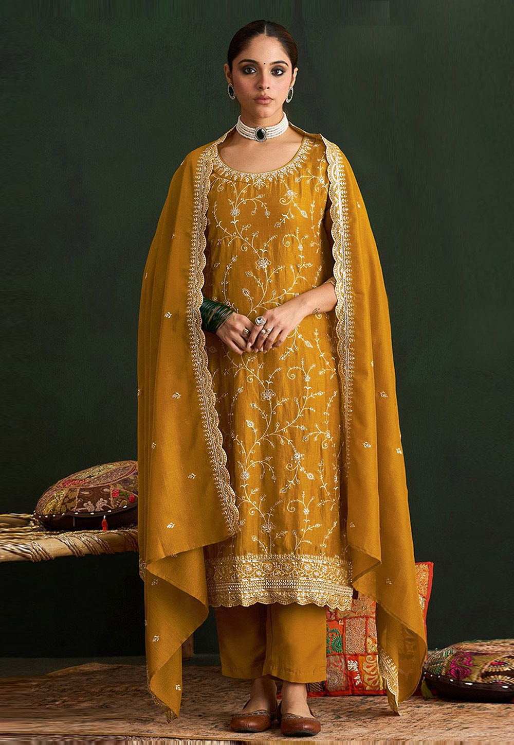 Mustard Silk Pant Style Suit 327989