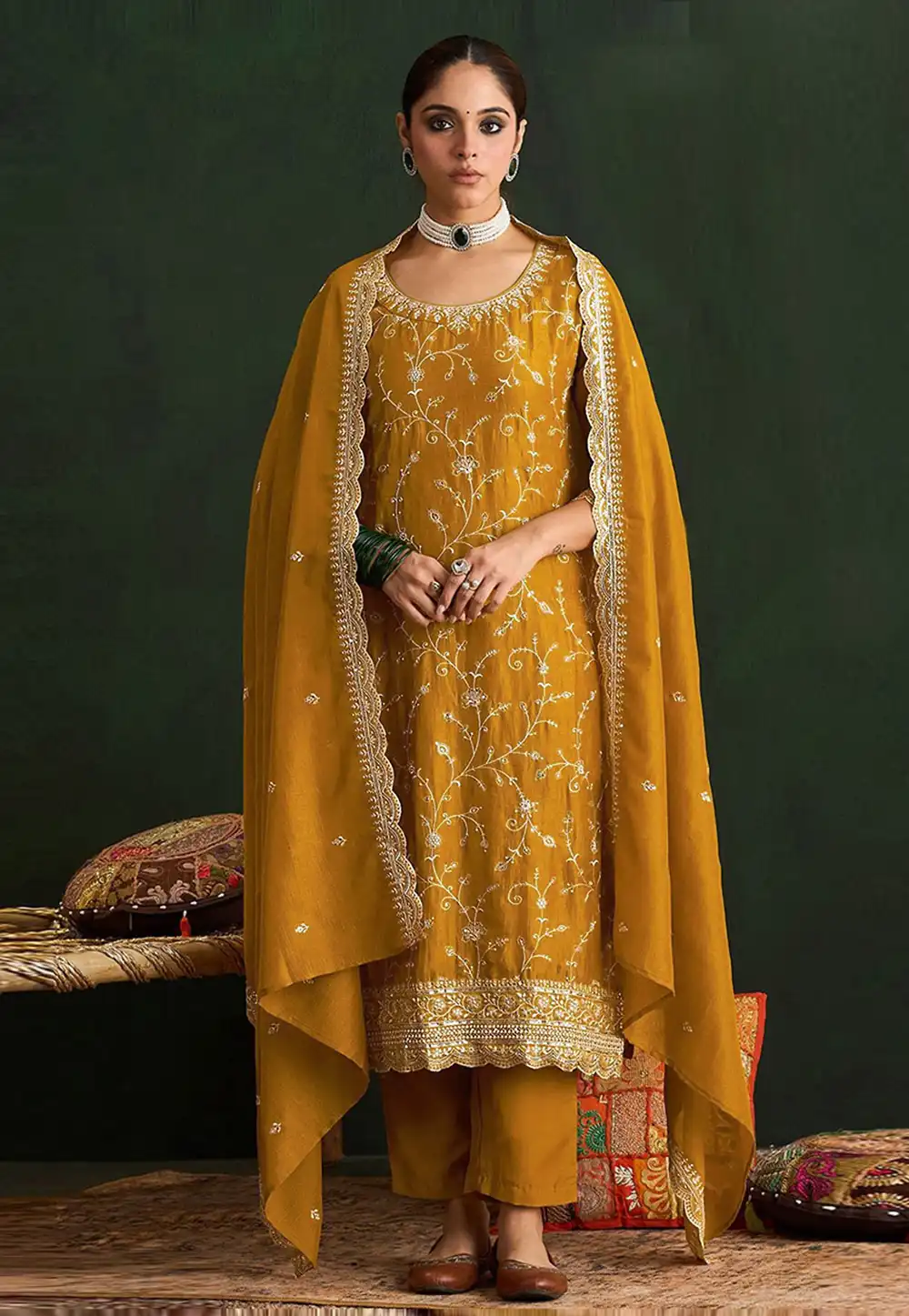 Mustard Silk Pant Style Suit 327989
