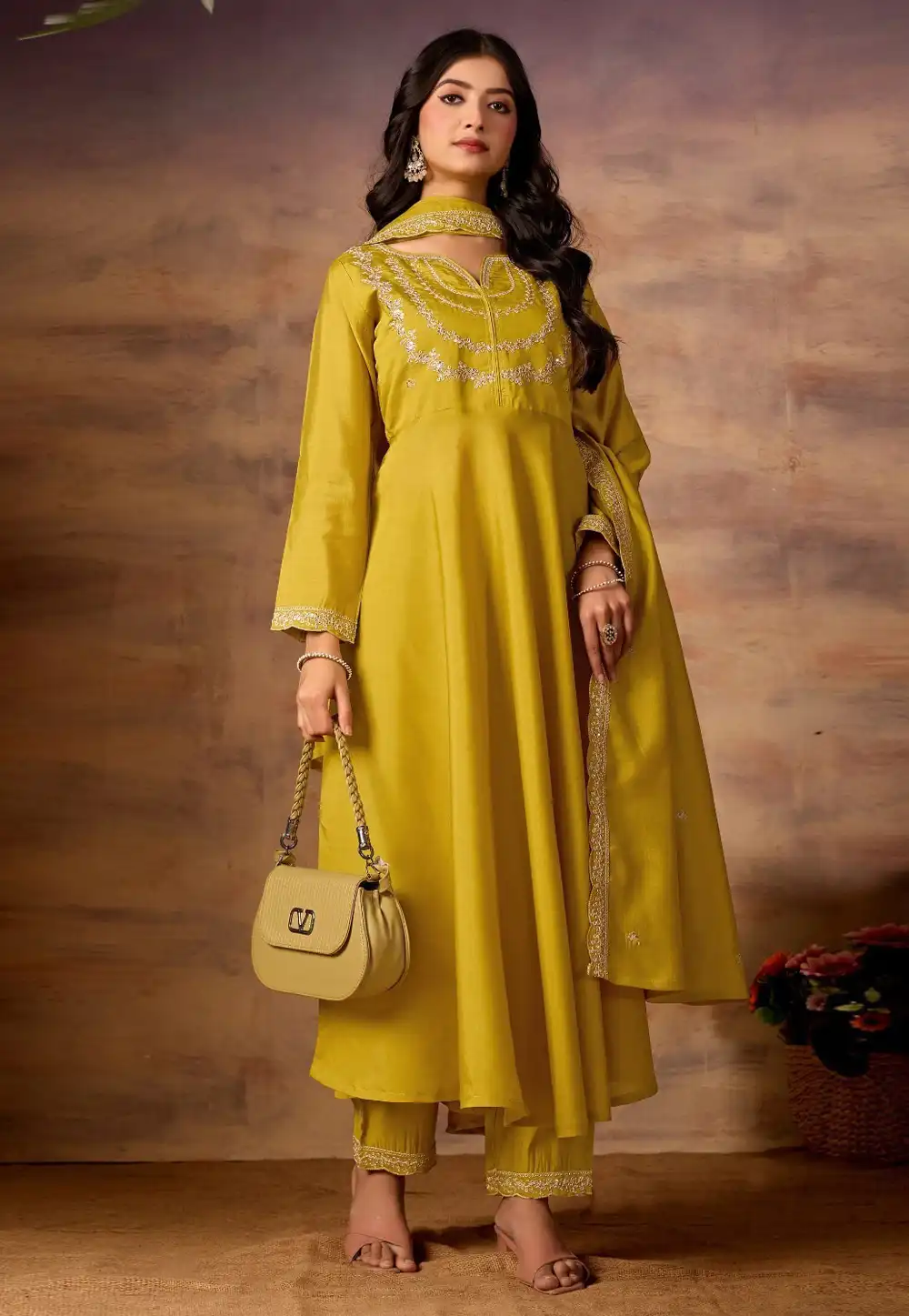 Mustard Silk Readymade Anarkali Suit 323266