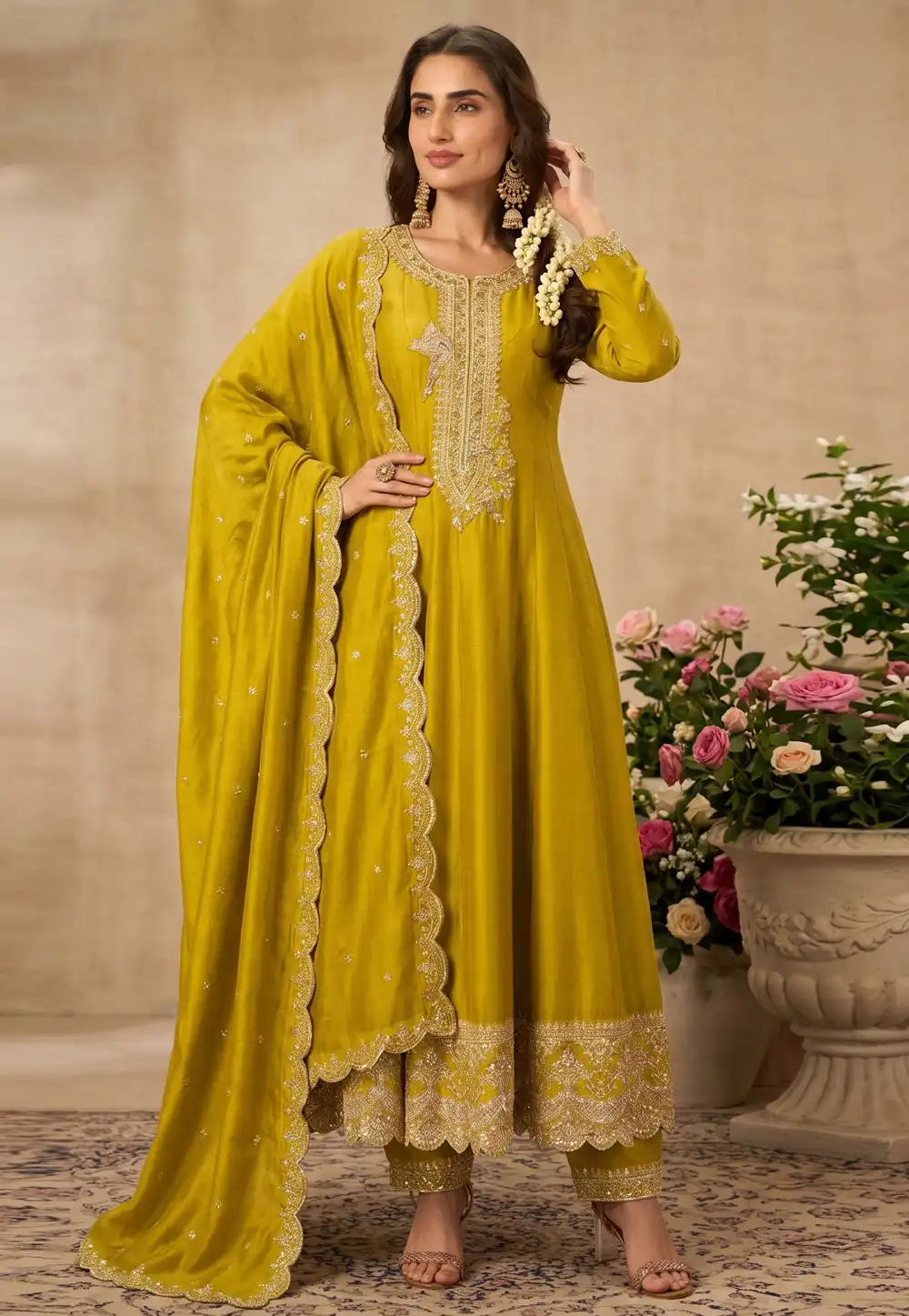 Mustard Silk Readymade Anarkali Suit 328916