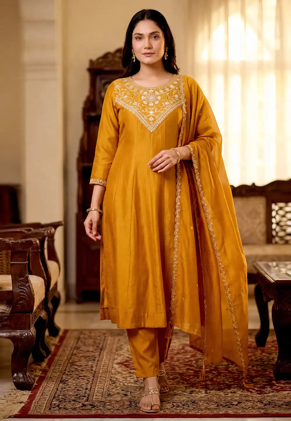 Mustard Silk Readymade Anarkali Suit 329808