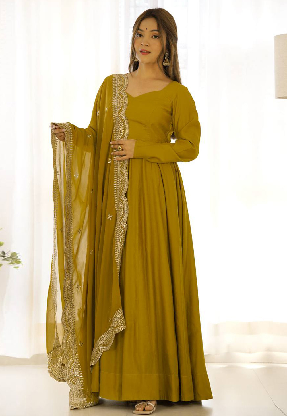 Mustard Silk Readymade Anarkali Suit 323770