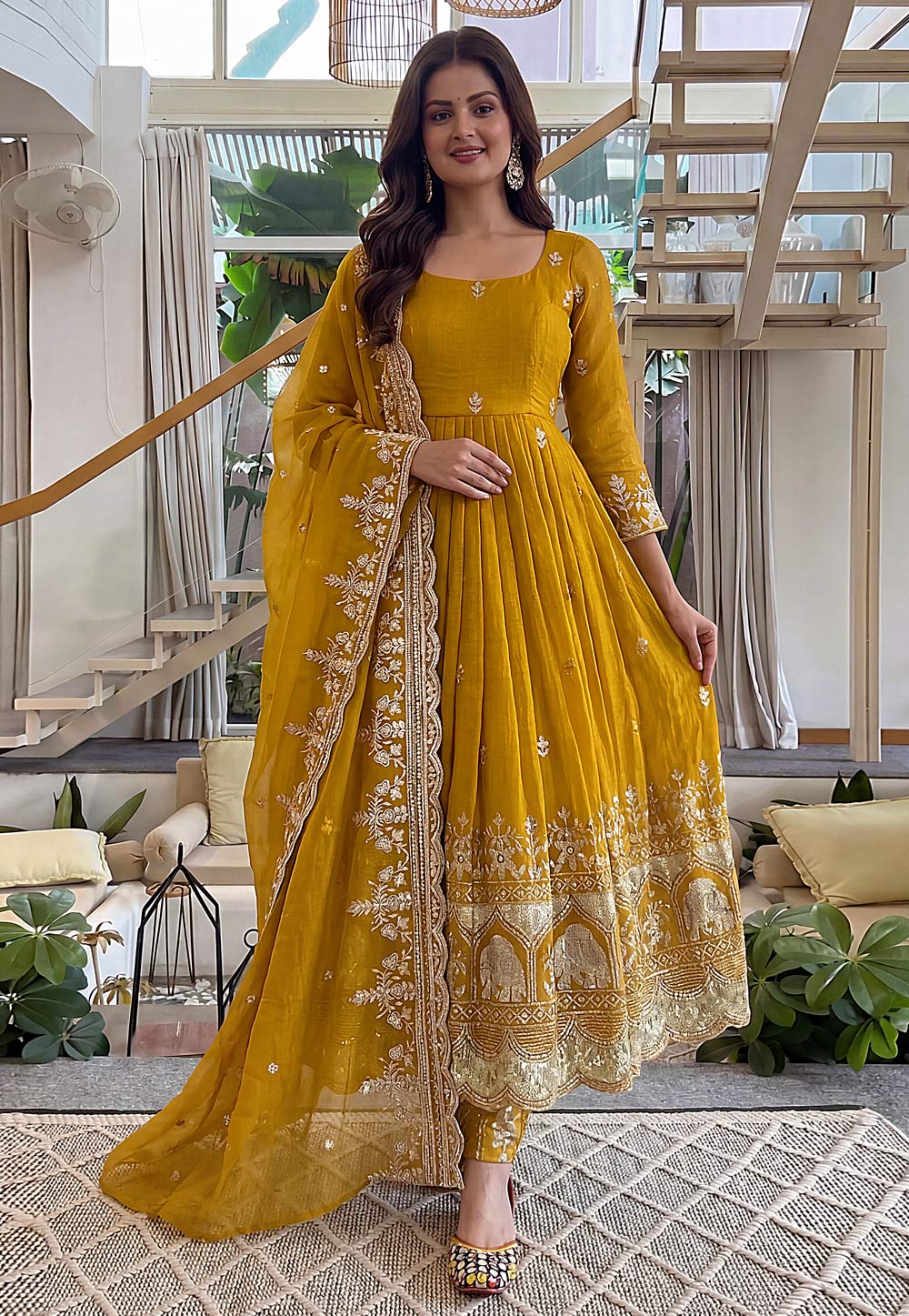 Mustard Silk Readymade Anarkali Suit 329100