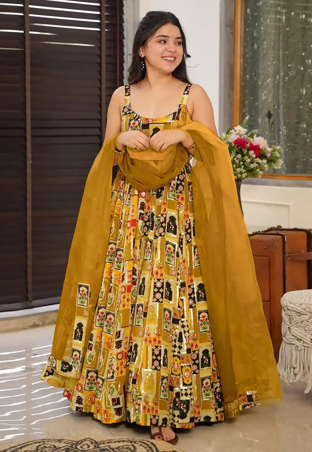 Mustard Silk Readymade Anarkali Suit 311634