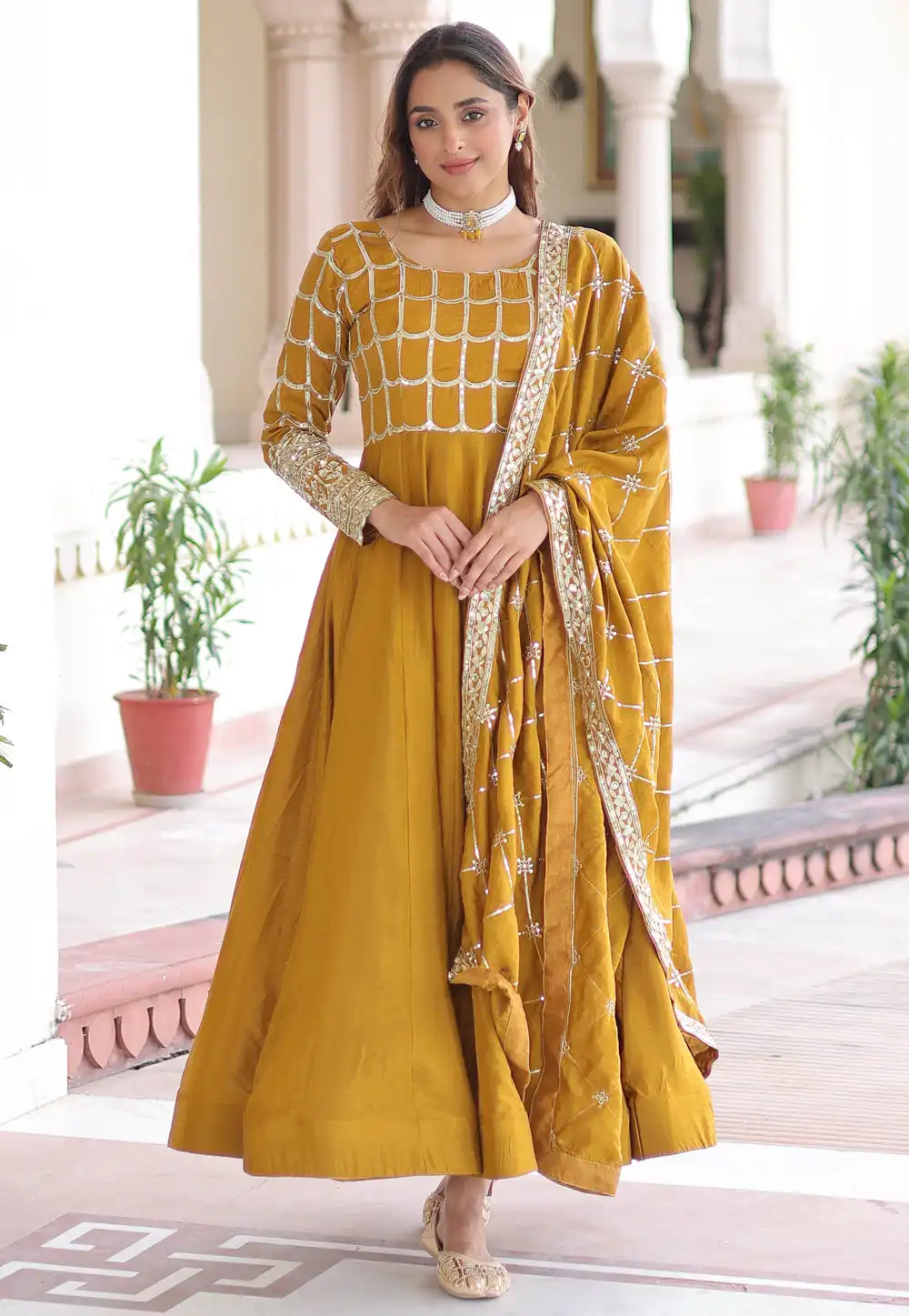 Mustard Silk Readymade Long Anarkali Suit 321225