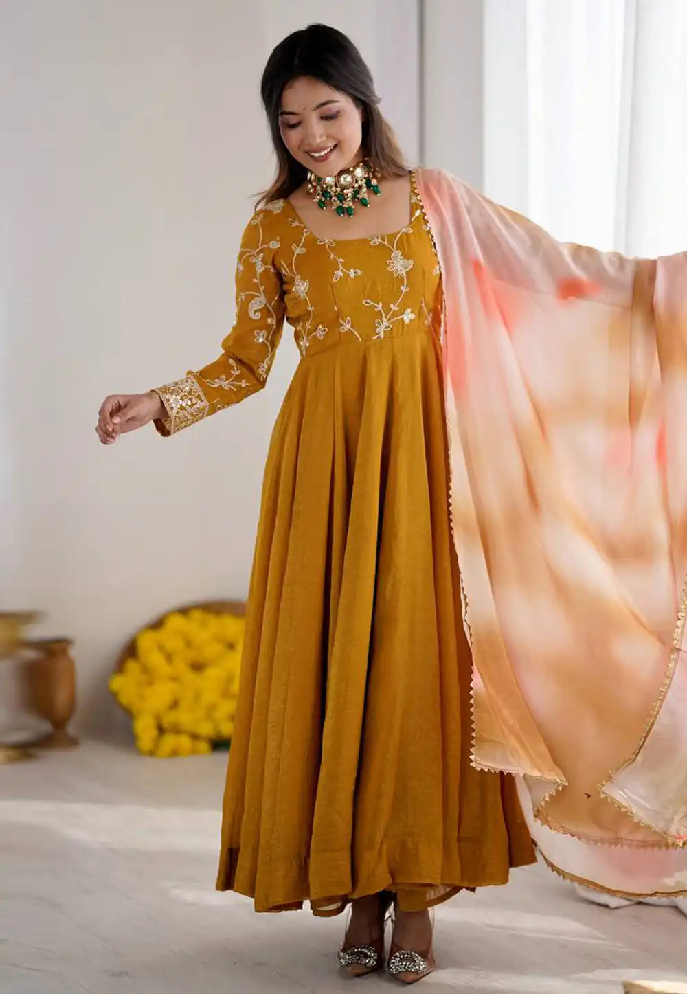 Mustard Silk Readymade Long Anarkali Suit 321209
