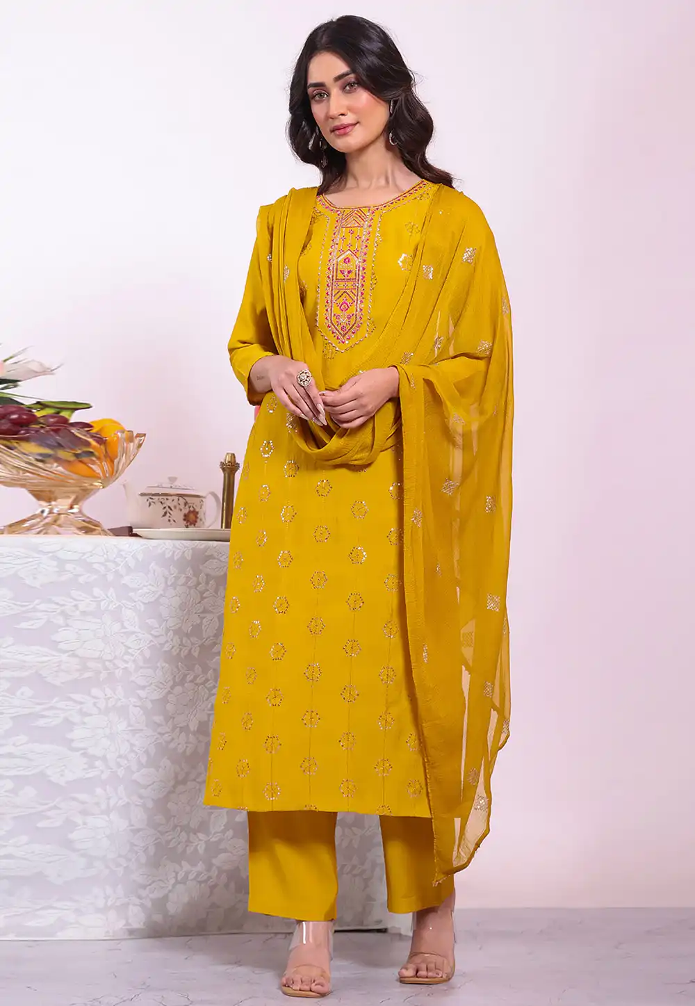 Mustard Silk Readymade Pakistani Suit 325508