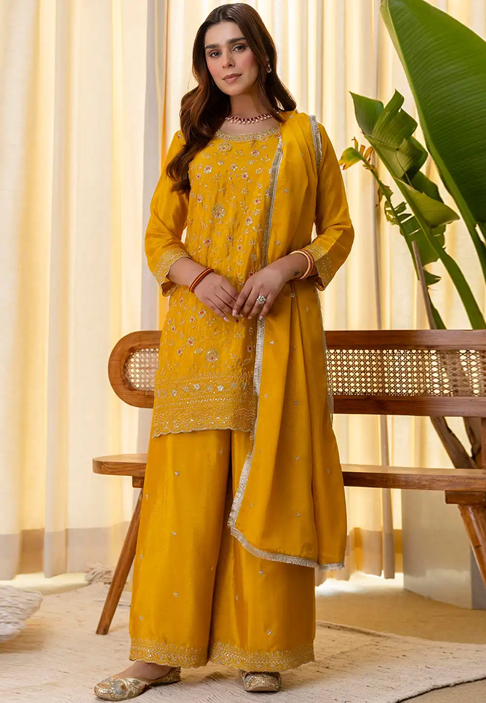 Mustard Silk Readymade Palazzo Suit 324900