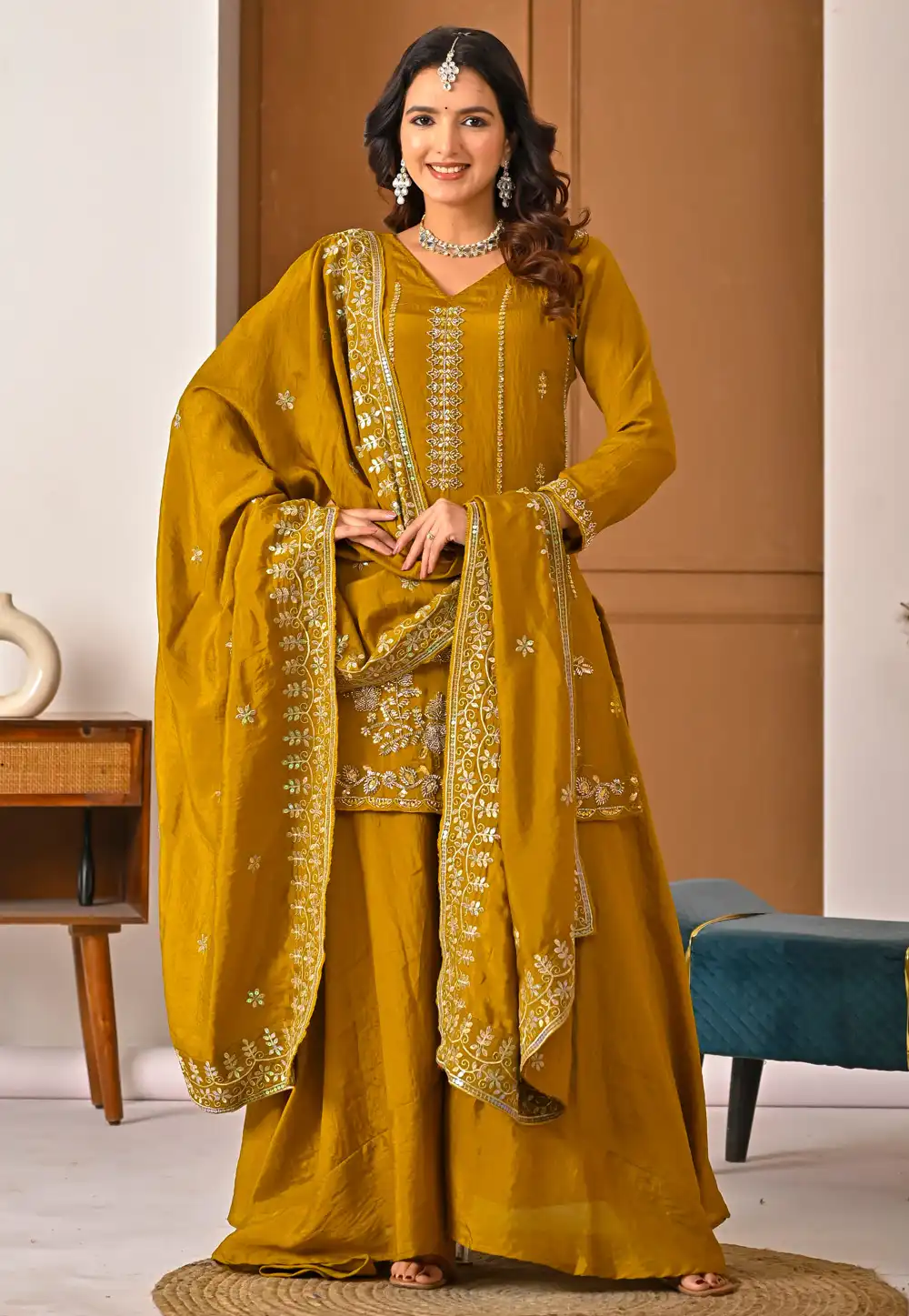 Mustard Silk Readymade Palazzo Suit 330201