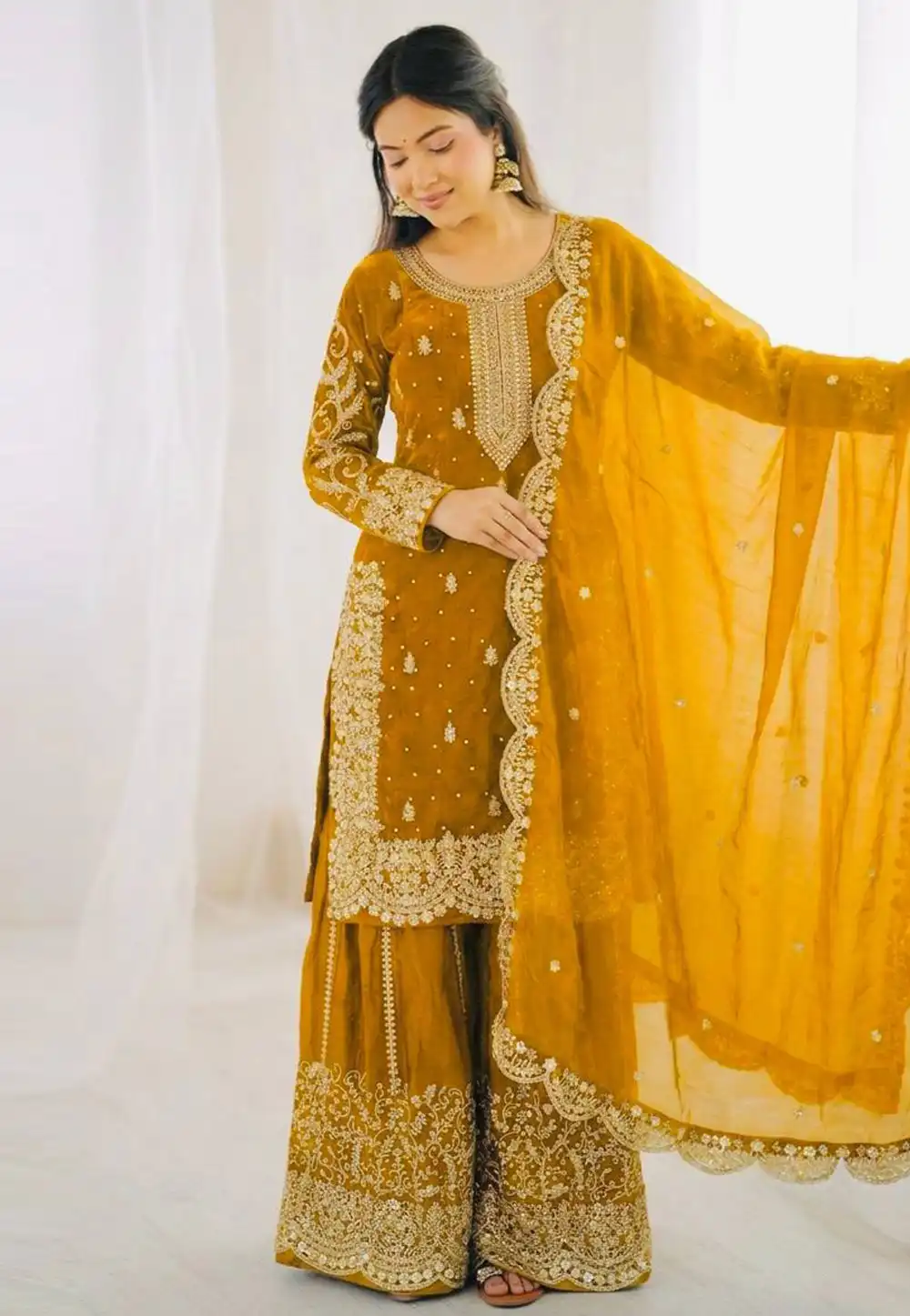 Mustard Silk Readymade Palazzo Suit 329096