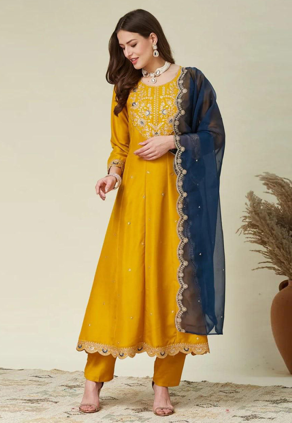 Mustard Silk Readymade Pant Style Suit 321604