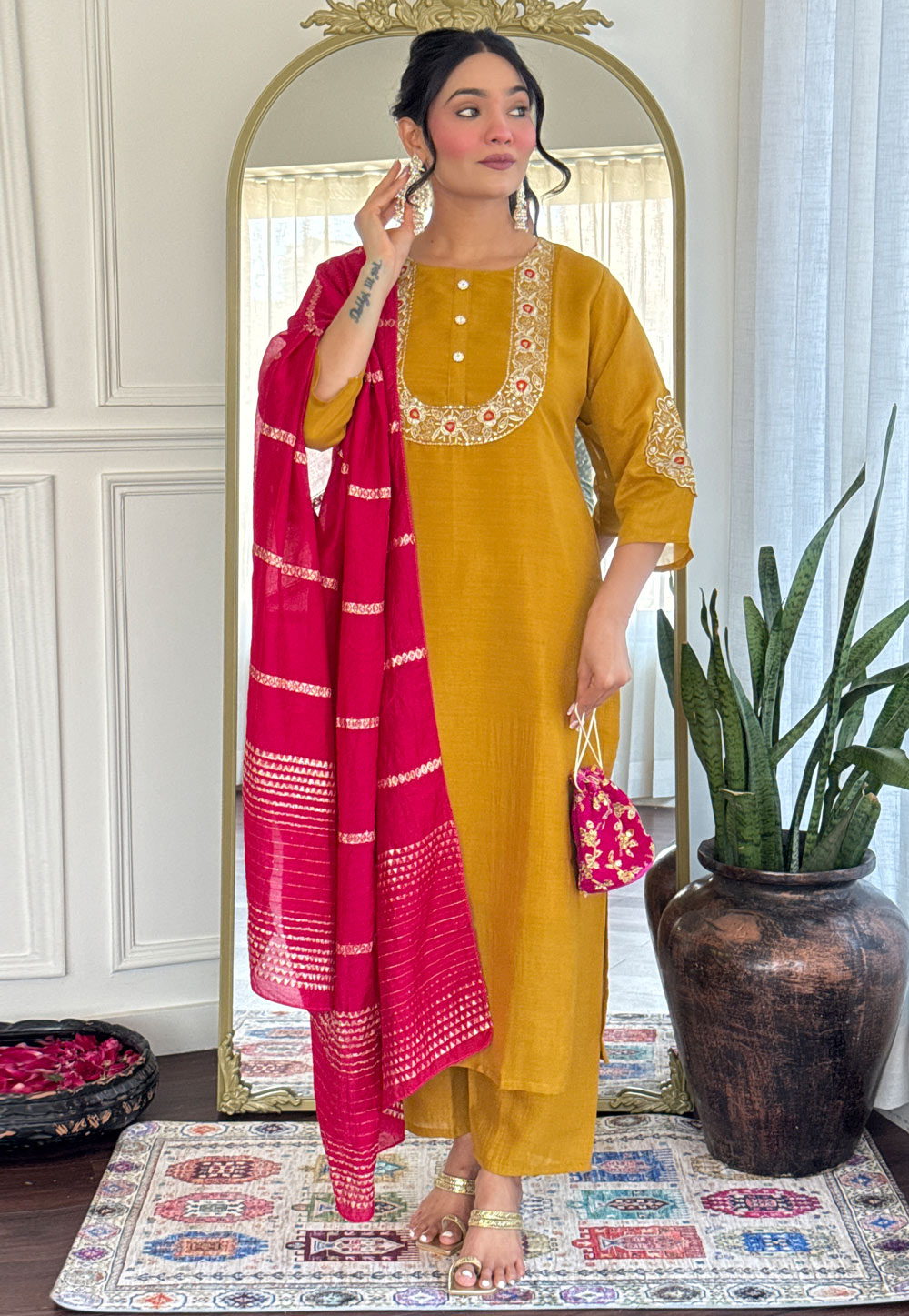 Mustard Silk Readymade Pant Style Suit 310883