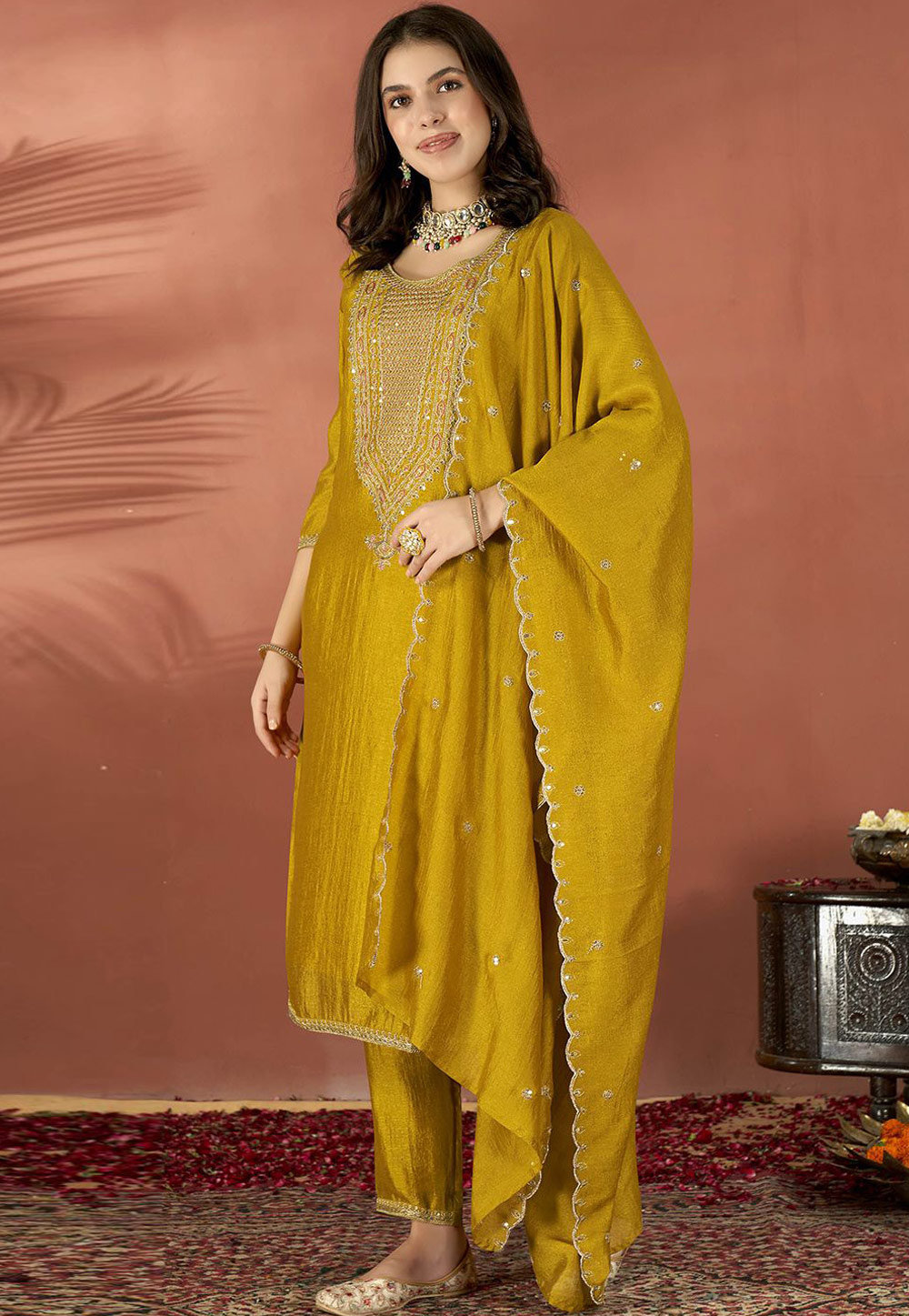 Mustard Silk Readymade Pant Style Suit 319337